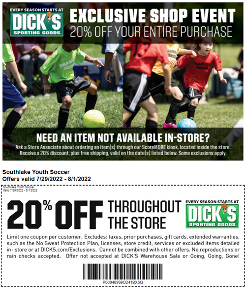 20 Discount Dick's Sporting Goods (7/298/1) Southlake Soccer